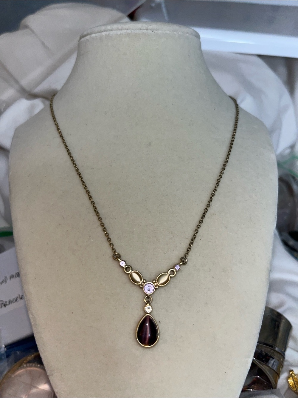 Gold-Tone Necklace with Purple Teardrop Pendant
